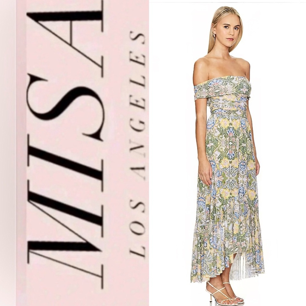 Misa Los Angeles Off-Shoulder Floral Maxi Dress in Pastel Yellow, Blue & Green